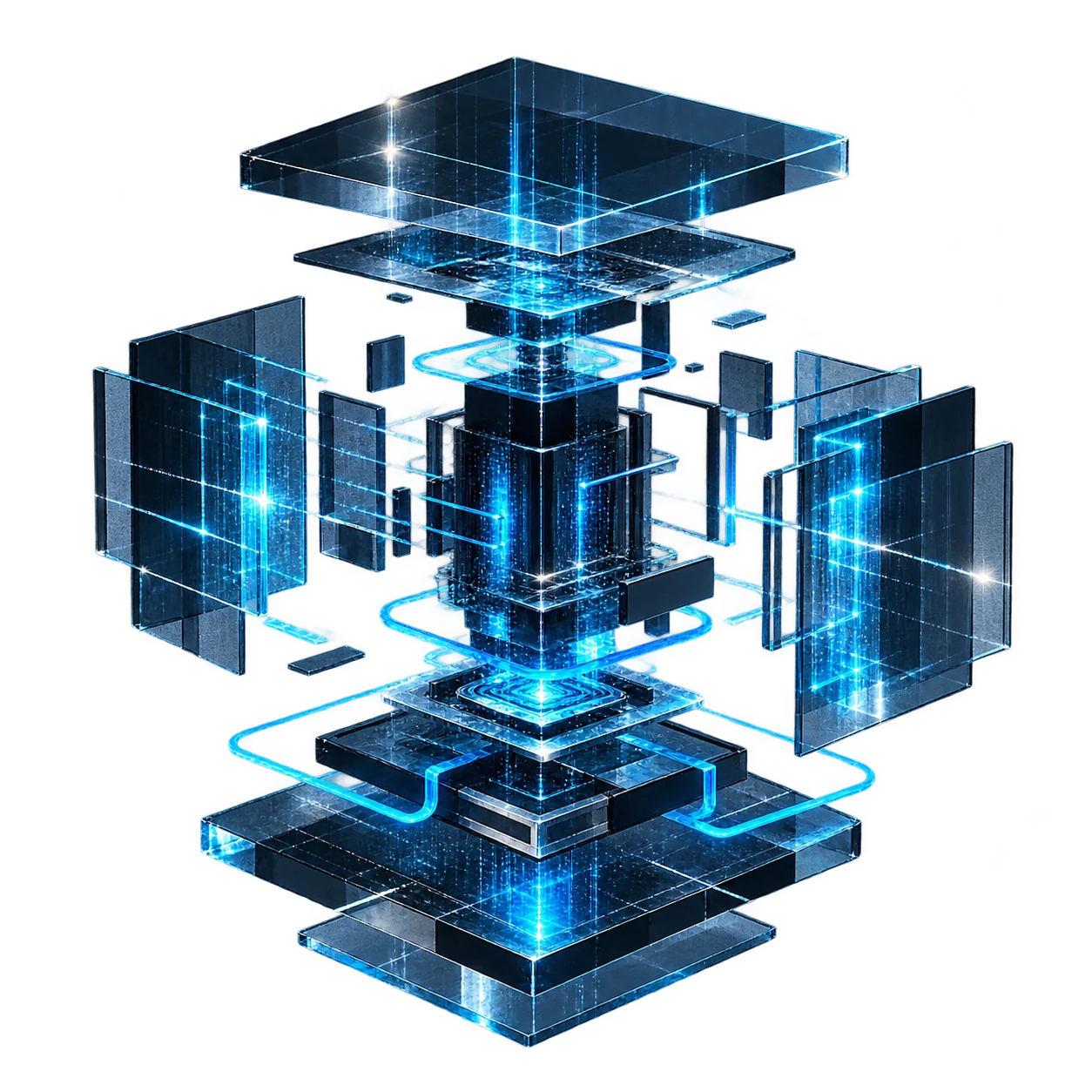 Exploded diagnostic model revealing the layers of an engineering system